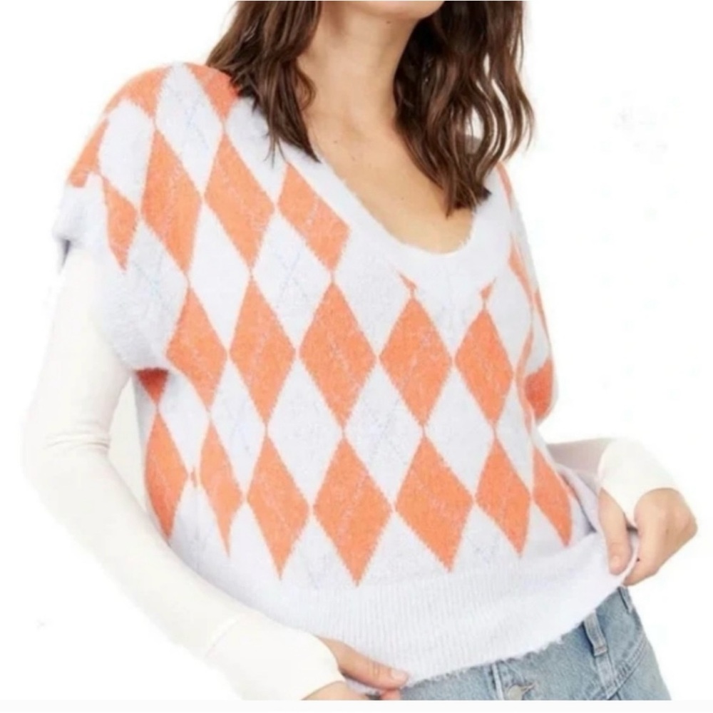 Free People Orange and Blue V-Neck Sweater